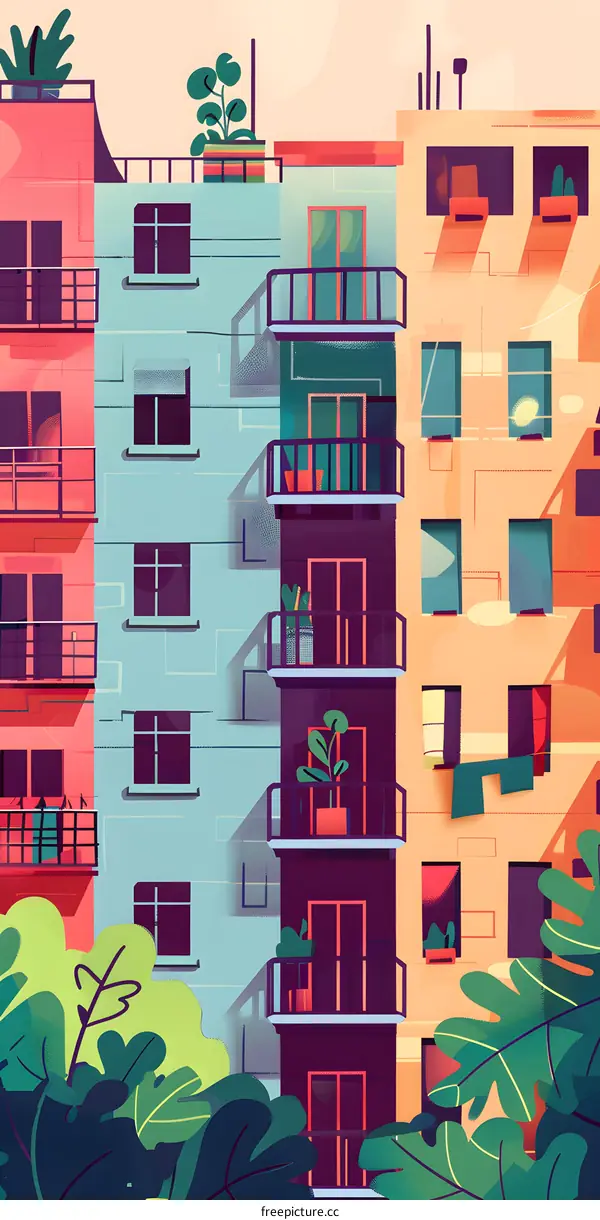 Colorful Apartment Buildings Illustration with Green Plants