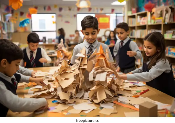 Children are making crafts in a classroom