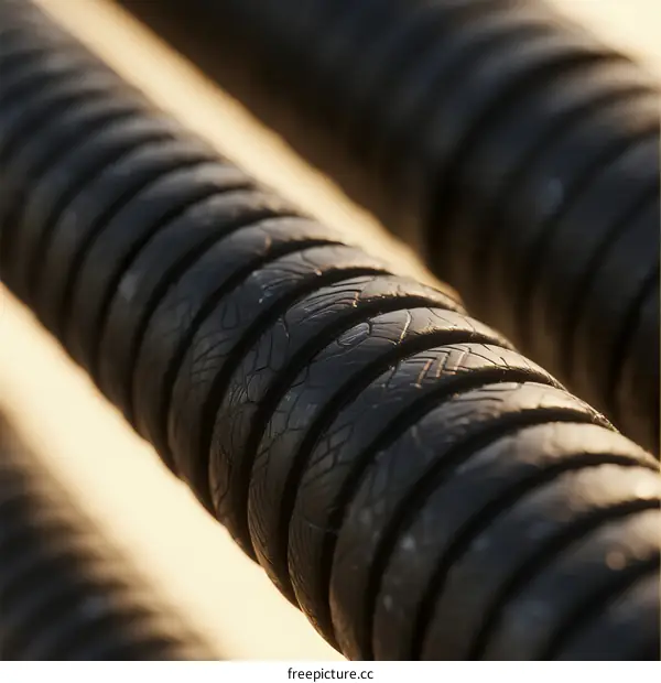 Close-up view of black spiral hoses with visible texture