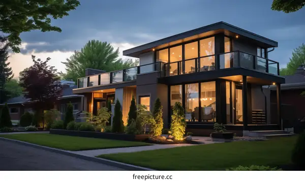 Modern Two-Story House with Flat Roof and Expansive Windows