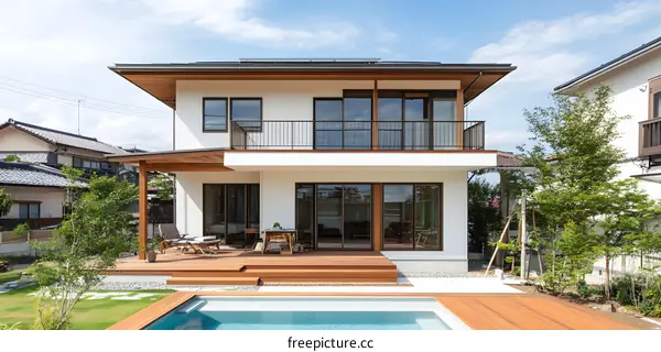 Modern White House With Swimming Pool And Backyard