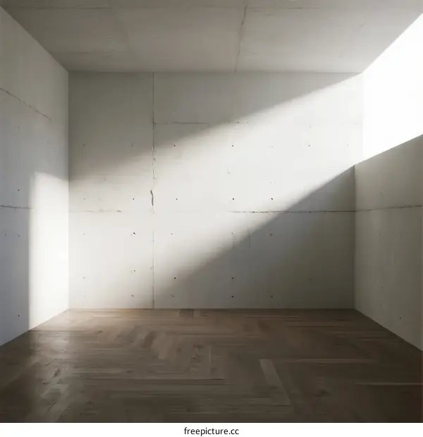 Sparse and bright empty room with concrete walls and wooden floor