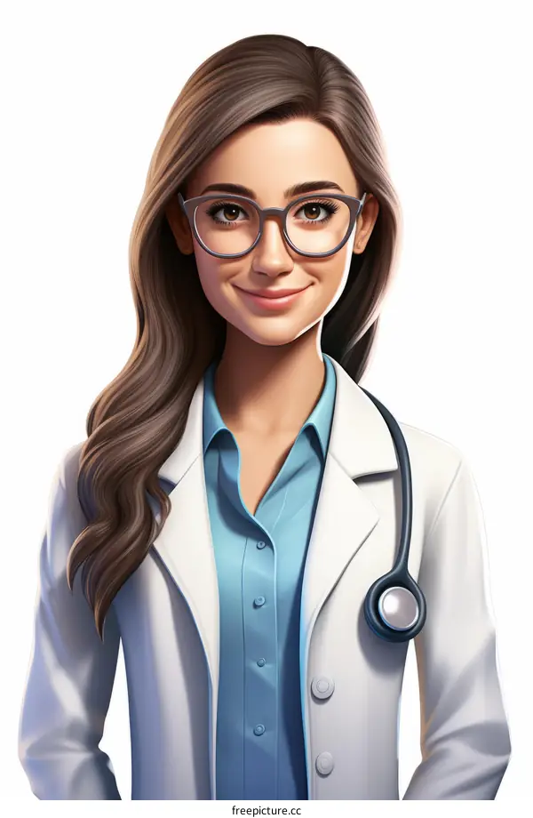 A female doctor with brown hair and glasses is wearing a white coat and stethoscope