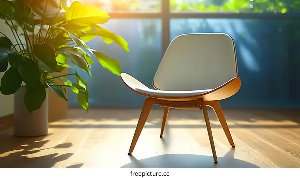 Modern Wooden Chair in a Sunny Room with Plants