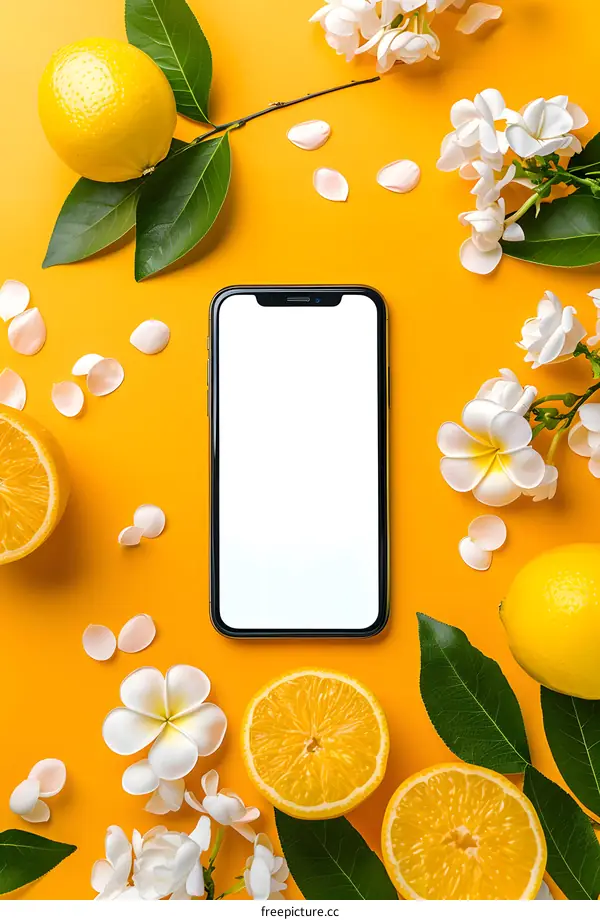 Summer Mobile Phone Mockup with Lemons and Flowers