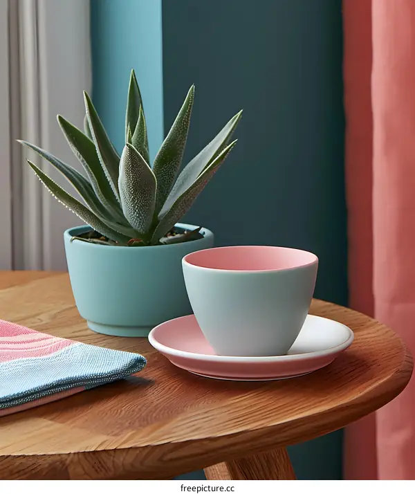 Succulent Plant In Blue Pot On Wooden Table