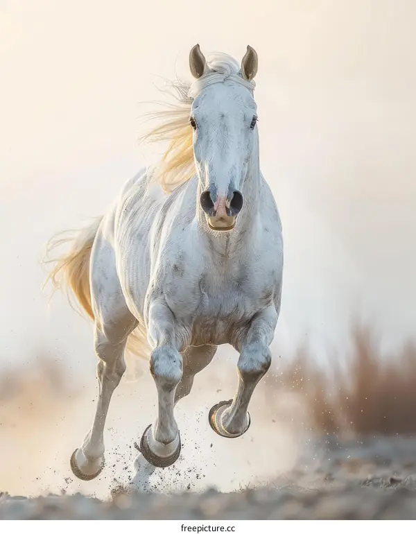A white horse is galloping through the desert