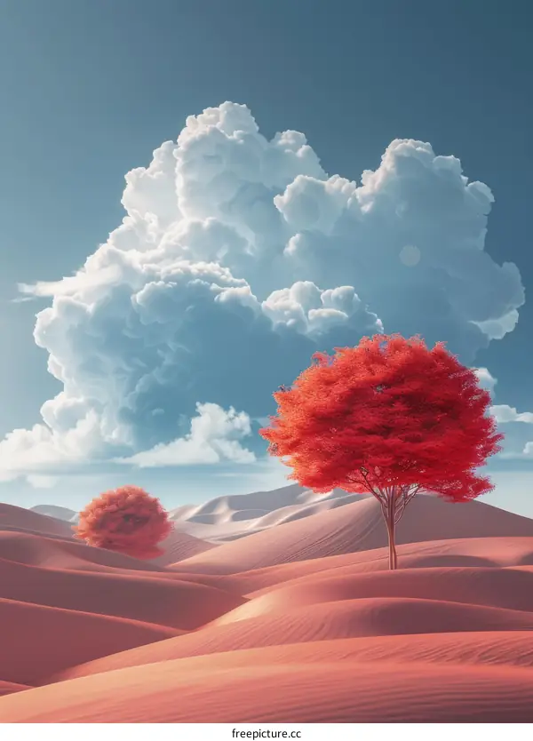 Two Red Trees in a Desolate Desert Landscape