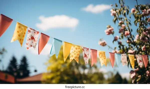 Colorful party flags hanging on a string outdoors