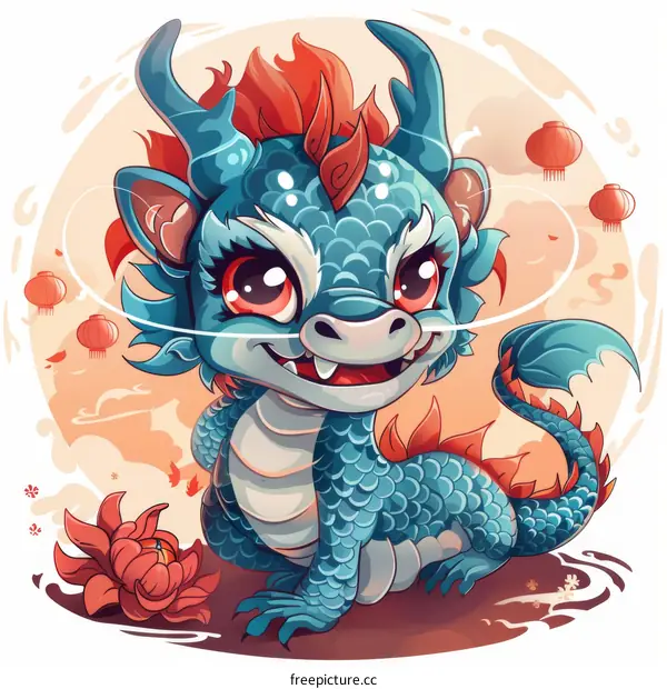 Cute Cartoon Dragon with Chinese New Year Lanterns Illustration