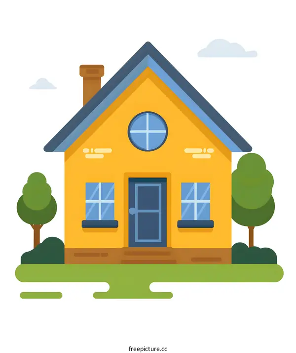 Yellow House With Blue Roof And Green Trees