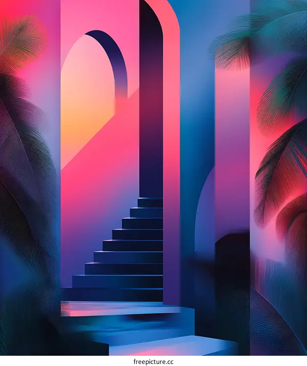 Abstract Tropical Architecture with Stairs and Palm Leaves