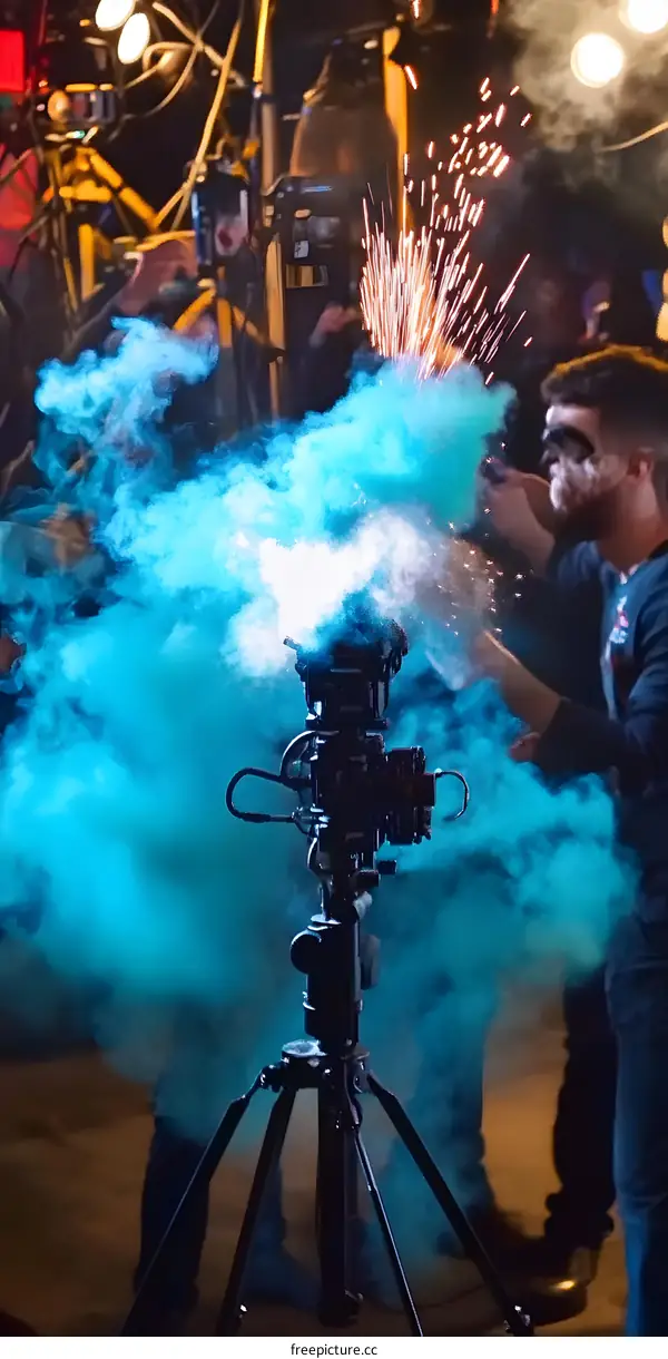 Camera on Tripod with Blue Smoke and Sparks