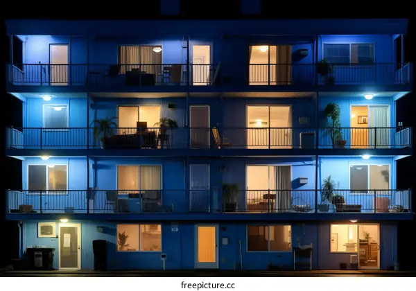 Blue Apartment Building at Night
