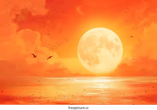 full moon rising over calm sea with birds flying above