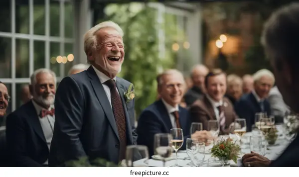 A group of senior citizens are sitting around a table and laughing.
