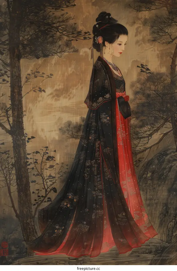 A Chinese woman in a traditional Hanfu dress is standing in a forest