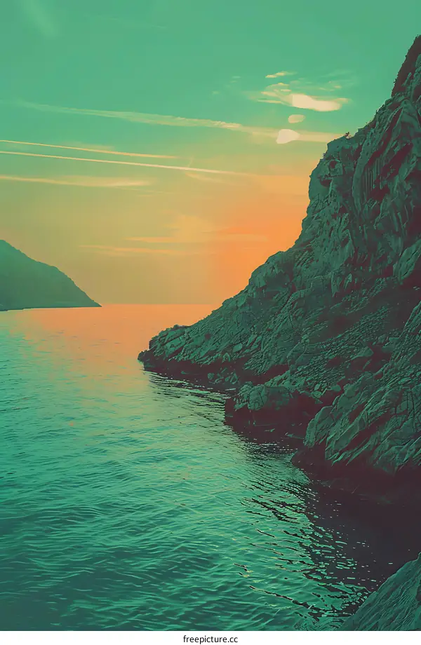 Sea Coastline at Sunset with Mountain