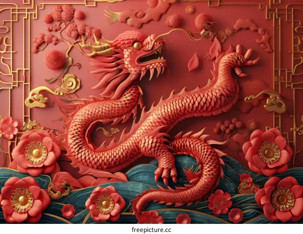 Red Dragon with Golden Details and Floral Background