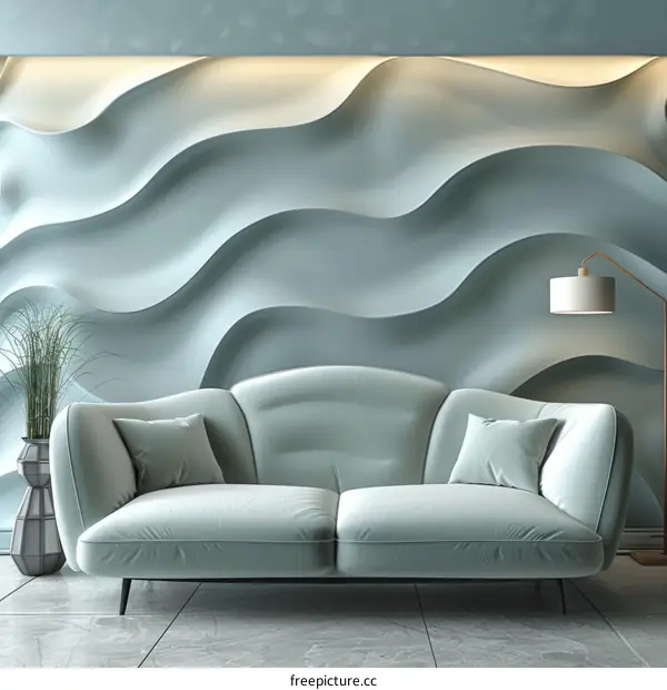 Modern living room with velvet sofa and wavy wall design
