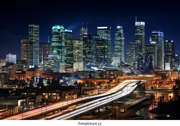 A stunning view of the Los Angeles skyline at night