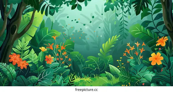 Green Lush Forest Landscape Illustration With Orange Flowers