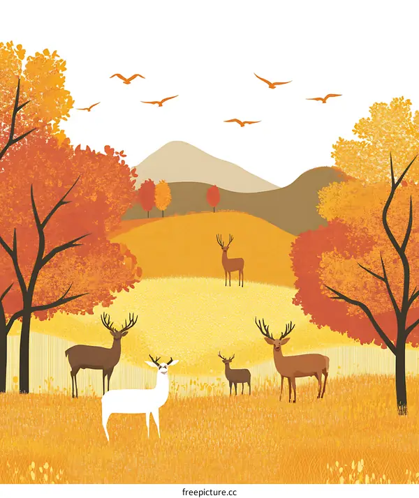 Autumn Landscape with Deers and Birds