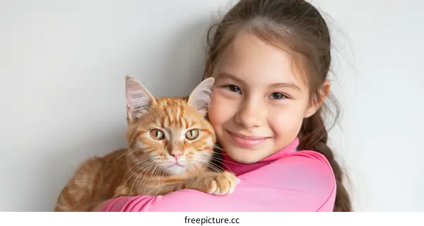 Little girl hugging a ginger cat