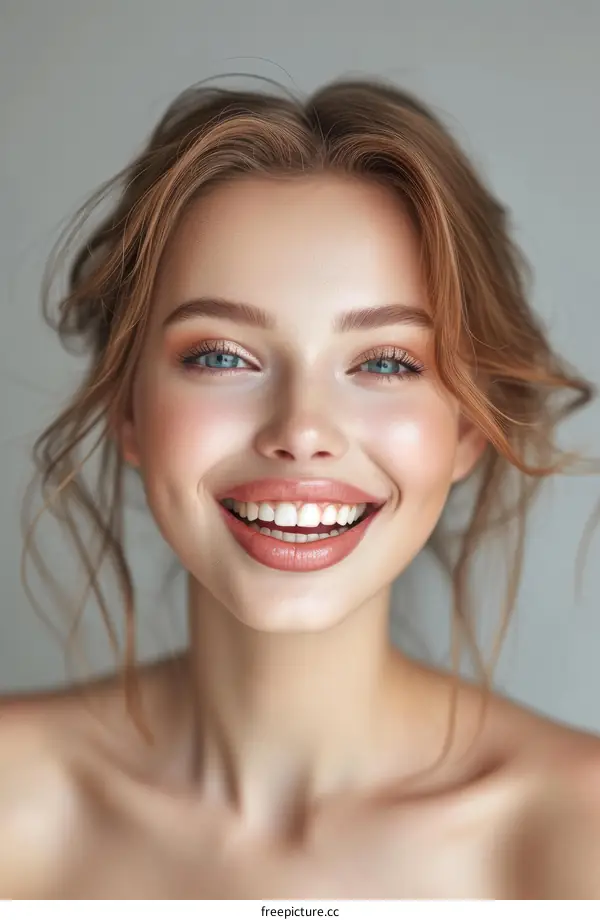 Portrait of a beautiful young woman with brown hair and blue eyes smiling