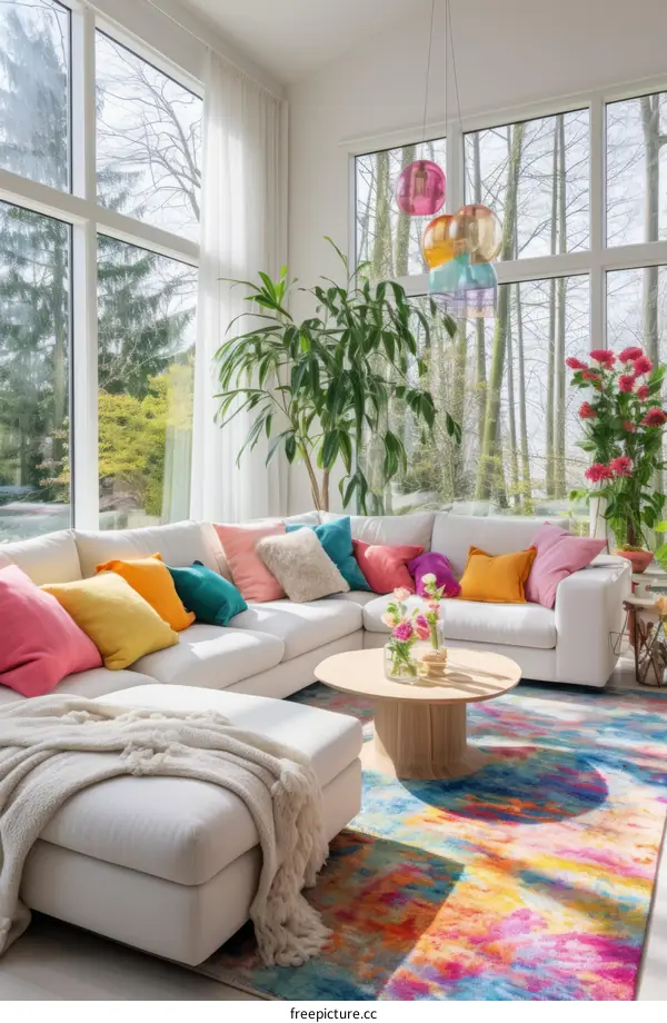 Bright and Colorful Living Room with White Sectional Sofa and Colorful Rug