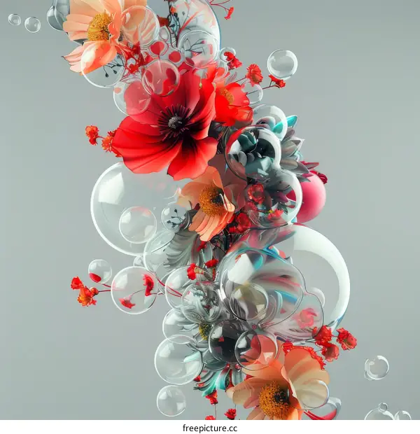 A beautiful bouquet of red, orange, and pink flowers with bubbles