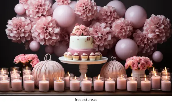 Pink and white birthday party decorations with a cake and candles