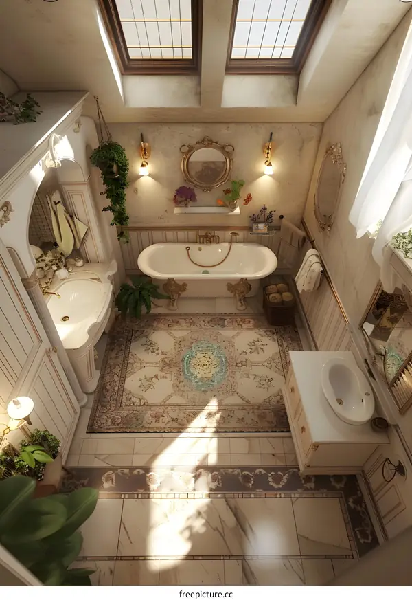 Elegant Bathroom Design With Bathtub And Skylight