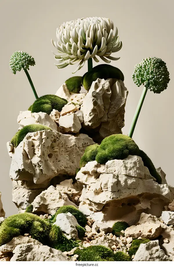 Green Flowers Growing on Rocks