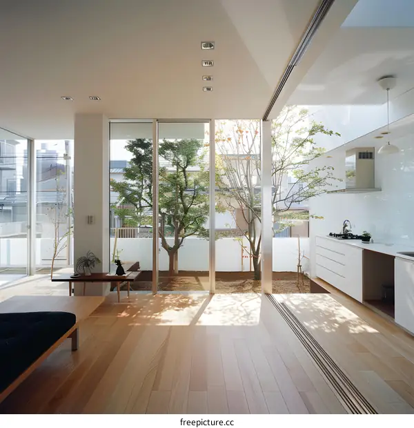 Modern Minimalist Japanese Home Interior Design with Sliding Glass Doors and a Backyard View