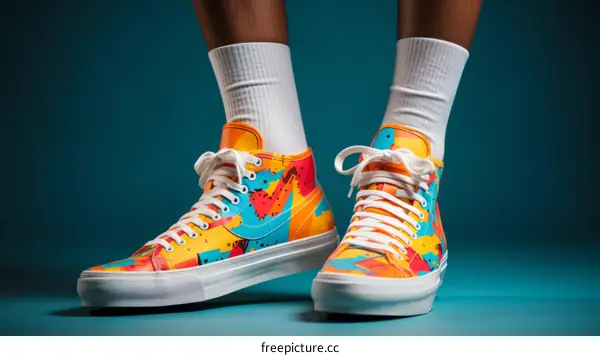 A person wearing colorful high-top sneakers
