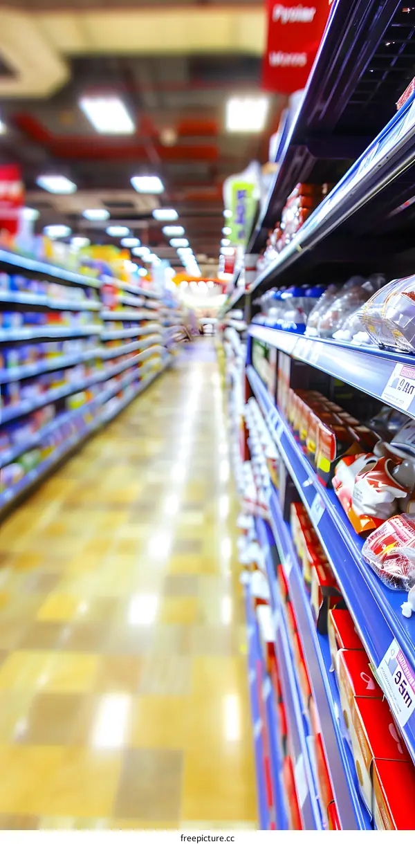 Supermarket Aisle with Blurred Products and Shelves
