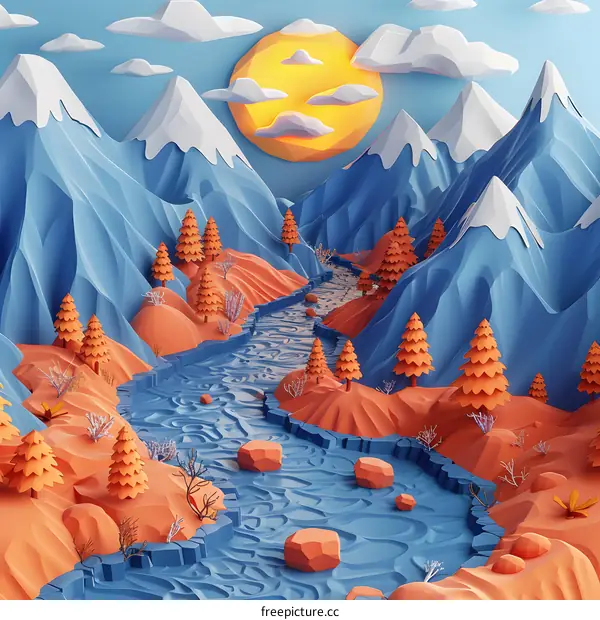 Low Poly Landscape with River and Mountains
