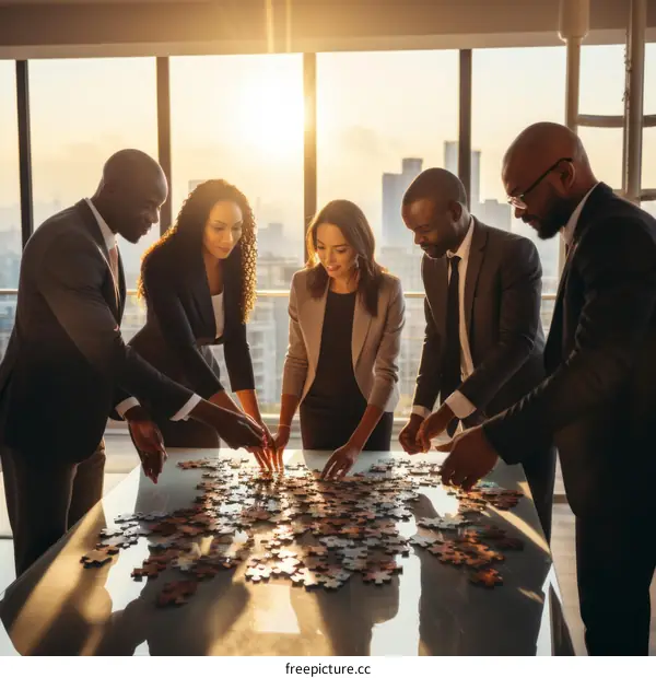 A group of business professionals working together to solve a puzzle