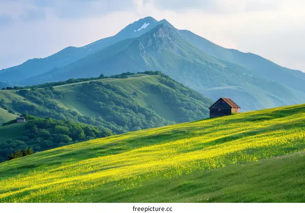 Small wooden house in a blooming field with a big mountain in the background