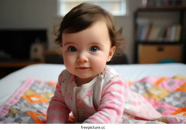 An adorable baby girl with big blue eyes and curly brown hair is crawling on a colorful blanket