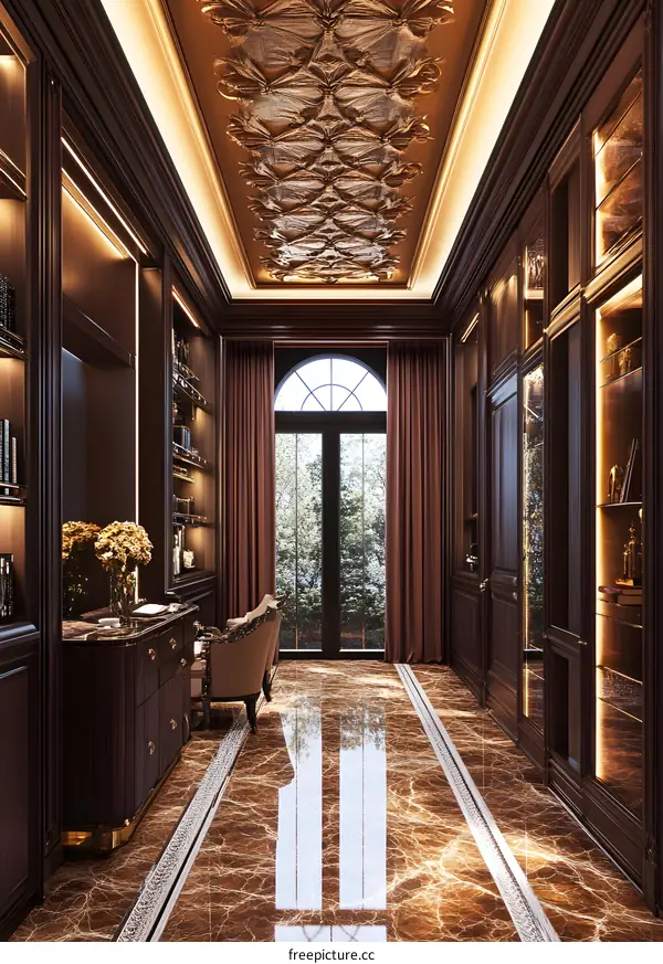 Luxury Home Office Interior Design with Marble Floor and Wooden Paneling