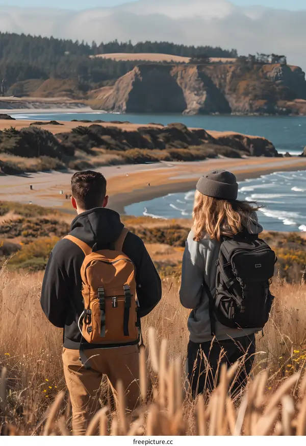 Couple with Backpacks on a Beach Viewpoint