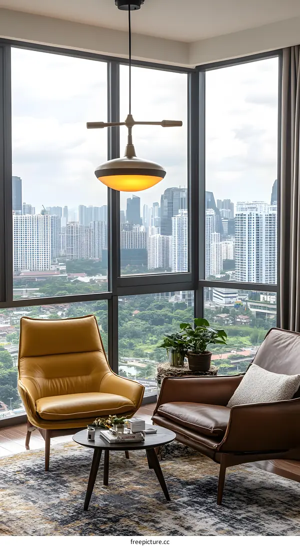 Modern Living Room with City View and Leather Armchairs