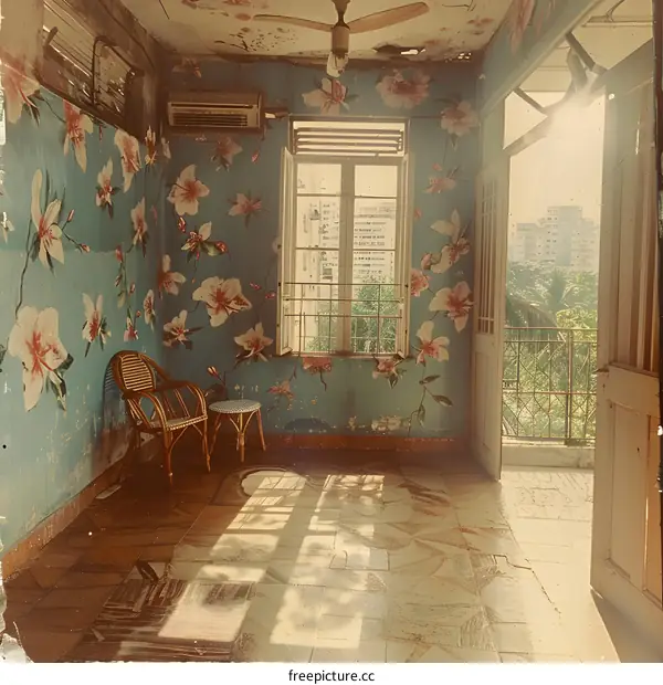 An abandoned room with floral wallpaper and a chair