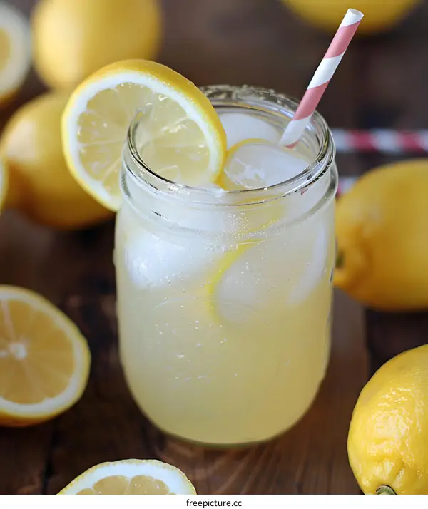 Refreshing Summer Lemonade with Lemon Slices and Ice Cubes in a Glass Jar