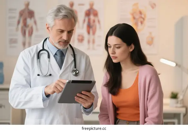 Doctor explaining medical tablet to patient in clinic