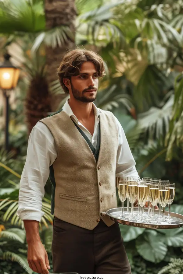 waiter in a green vest and white shirt holding a tray of champagne glasses in a tropical setting