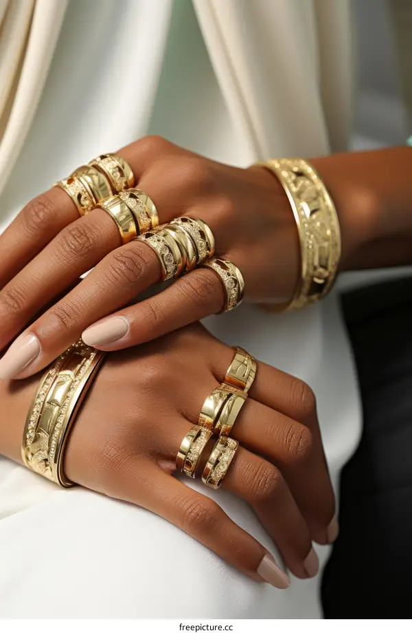A model is wearing a lot of gold jewelry including rings and bracelets.