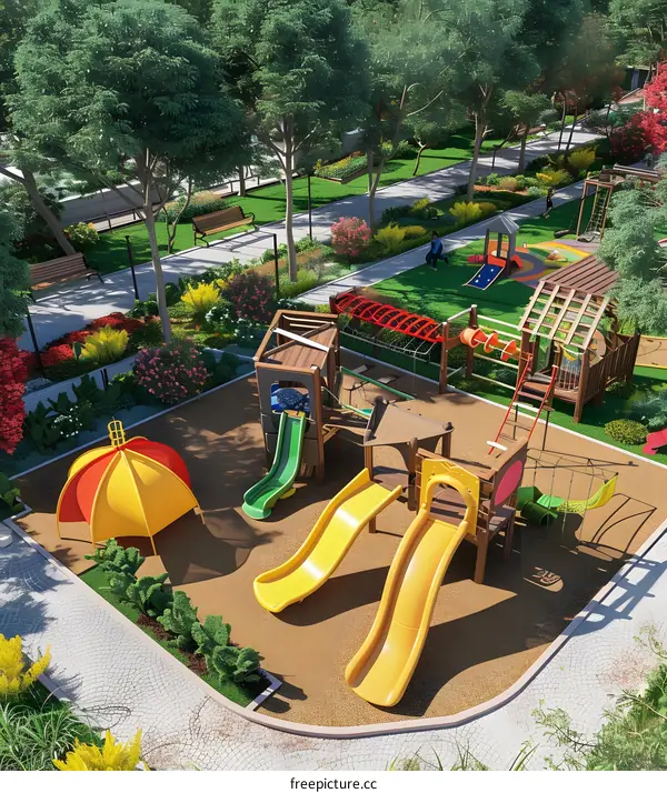 Children Playground with Colorful Slides and Swings in Park
